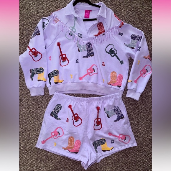 QUEEN OF SPARKLES Other - QUEEN OF SPARKLES lavender Guittar and Boots Sweatshirt and Shorts Set